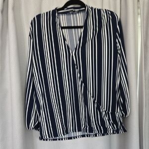 Adrianna Papell Navy and White Striped Blouse